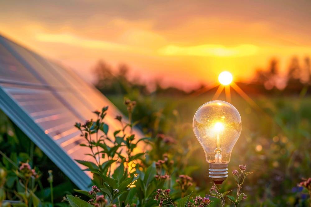 Sonnenuntergang Solarpanel leuchtende Glühbirne mit solarstrom